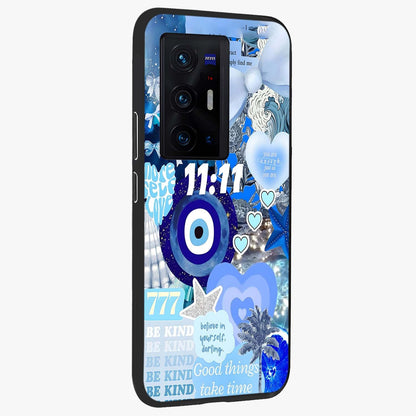 Aesthetic Be Kind Eye Glass Case upright view showcasing stylish eye illustration with positive message theme.