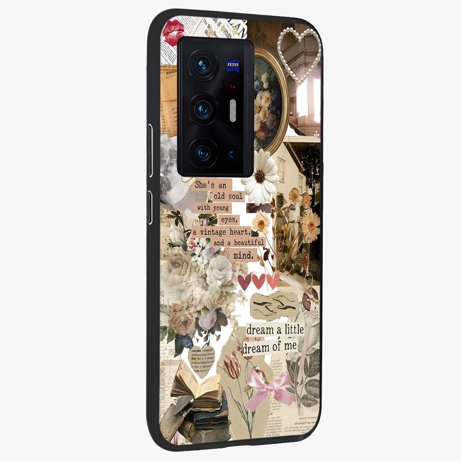 Aesthetic Brown Vintage Collage Glass Case upright view showcasing nostalgic retro artwork with stylish vintage theme.