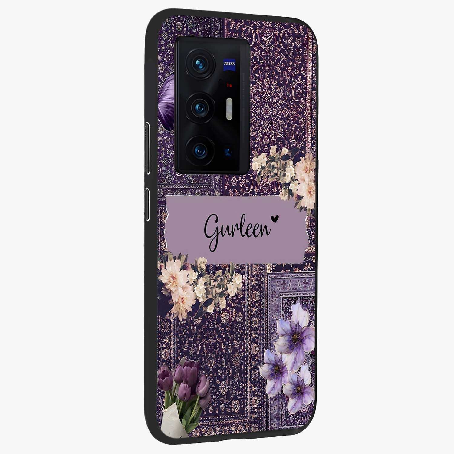 Antique Floral Whisper Custom Name Glass Case upright view showcasing delicate floral artwork with custom name feature.