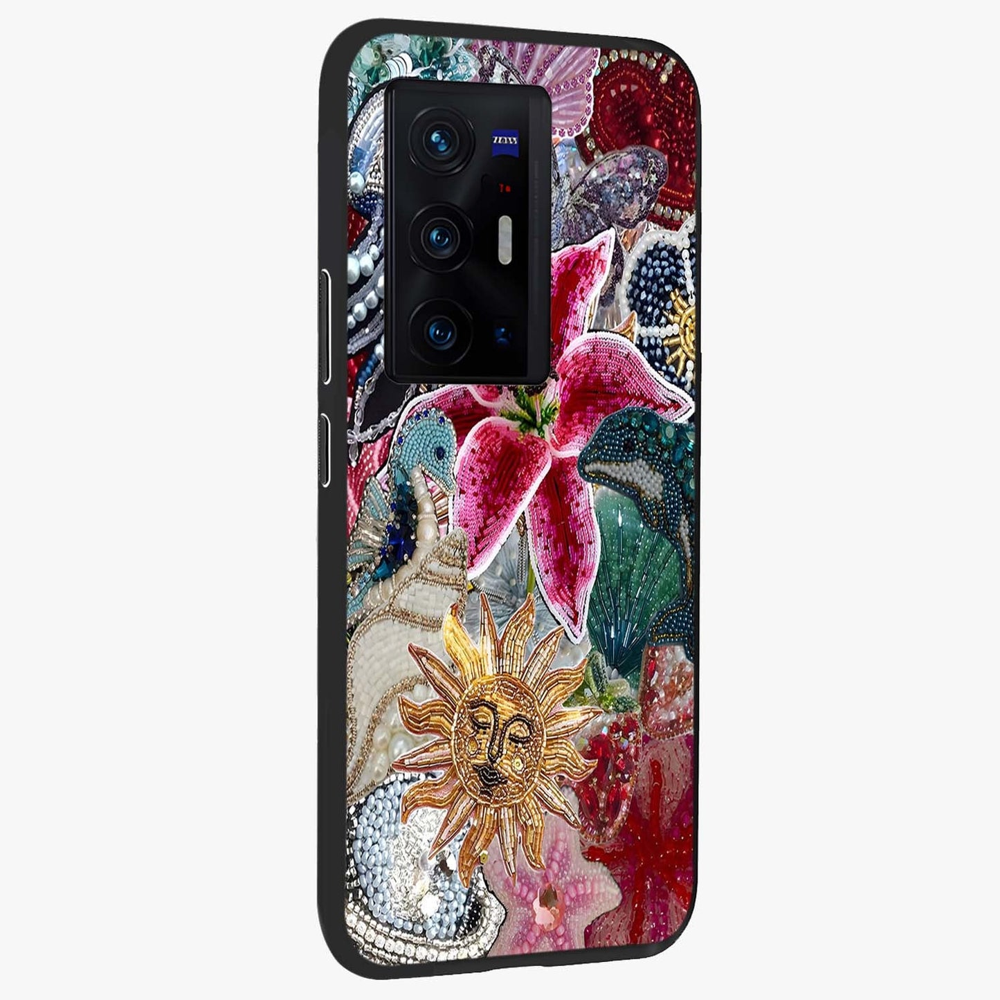 Beaded Garden Fantasy Glass Case upright view showcasing whimsical garden aesthetic with artistic bead details.