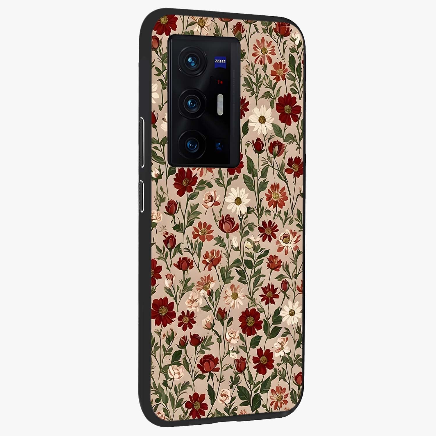 Biege Flower With Leaf Glass Case upright view showcasing delicate beige flower illustration with clean botanical style.