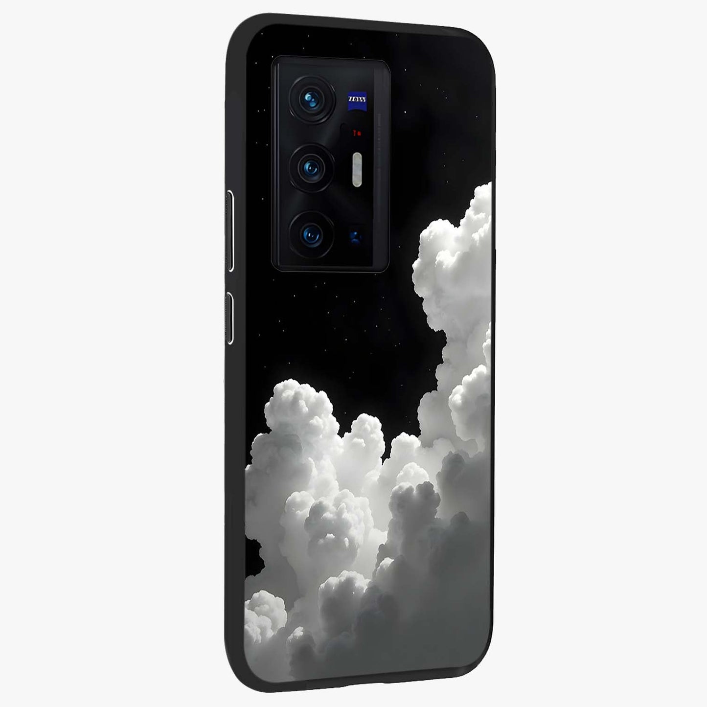 Black Background With White Cloud Glass Case upright view showcasing calm cloud aesthetic with modern minimal style.