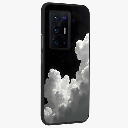 Black Background With White Cloud Glass Case upright view showcasing calm cloud aesthetic with modern minimal style.