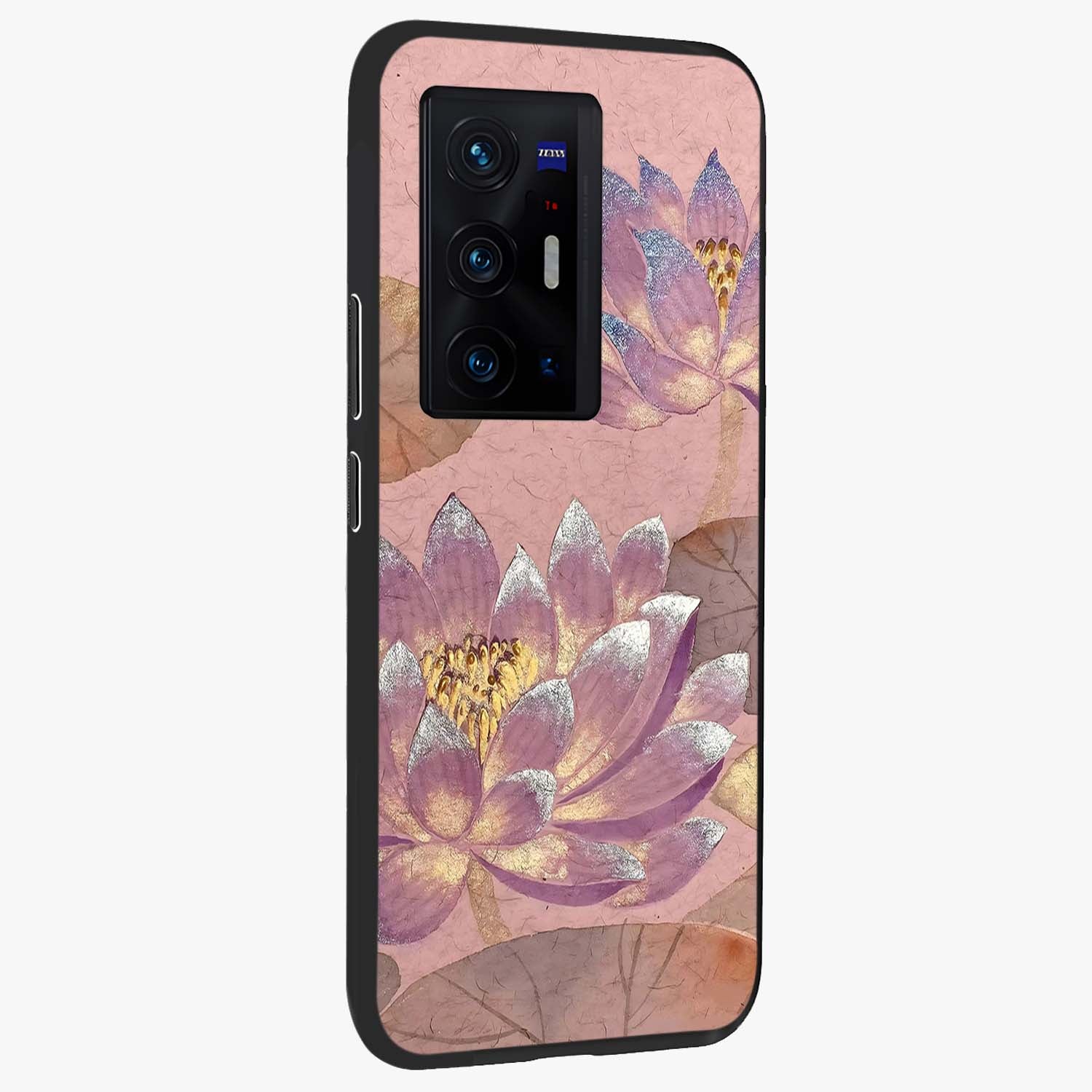 Blossom Mist Lotus Glass Case upright view showcasing graceful lotus flower design with peaceful botanical style.