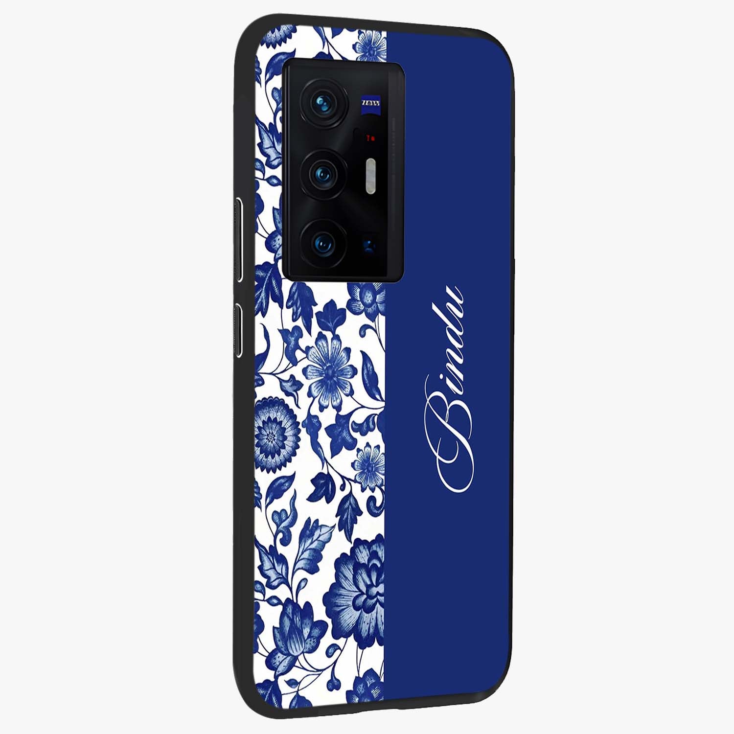 Blue Vintage Floral Pattern Glass Case upright view showcasing delicate blush floral texture with modern minimal style.