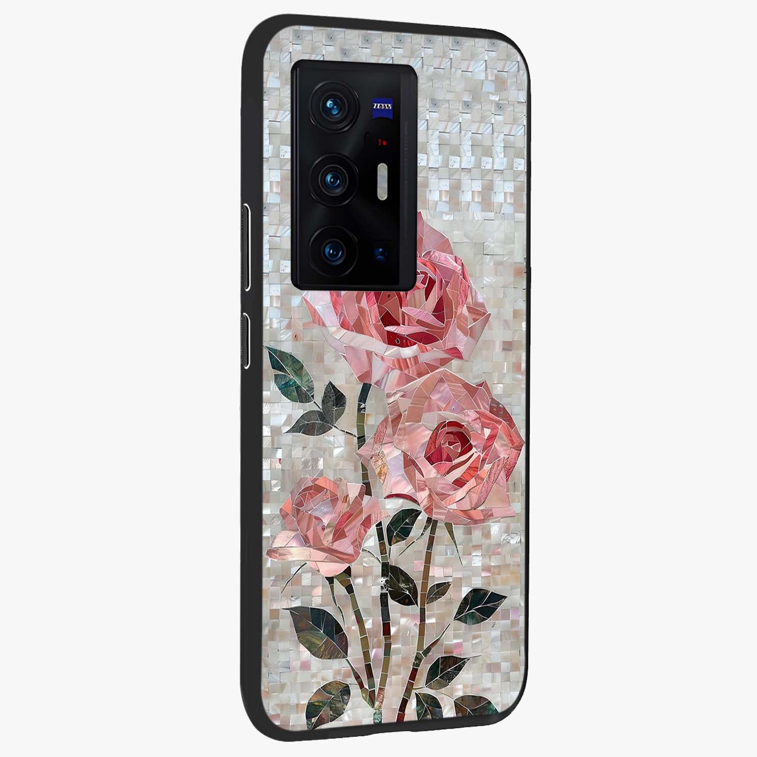 Blush Mosaic Bloom Glass Case upright view showcasing decorative floral mosaic artwork with stylish modern aesthetic.