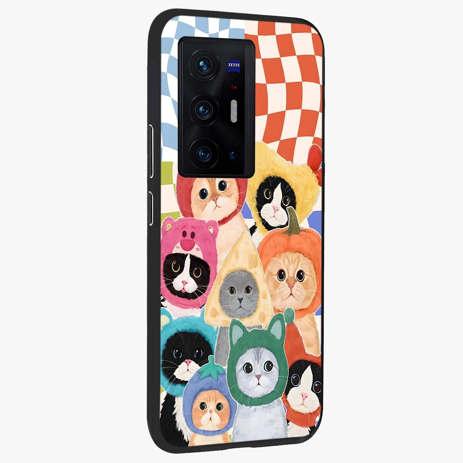 Cats in Fruits Glass Case upright view showcasing charming cat artwork with fun fruity theme.