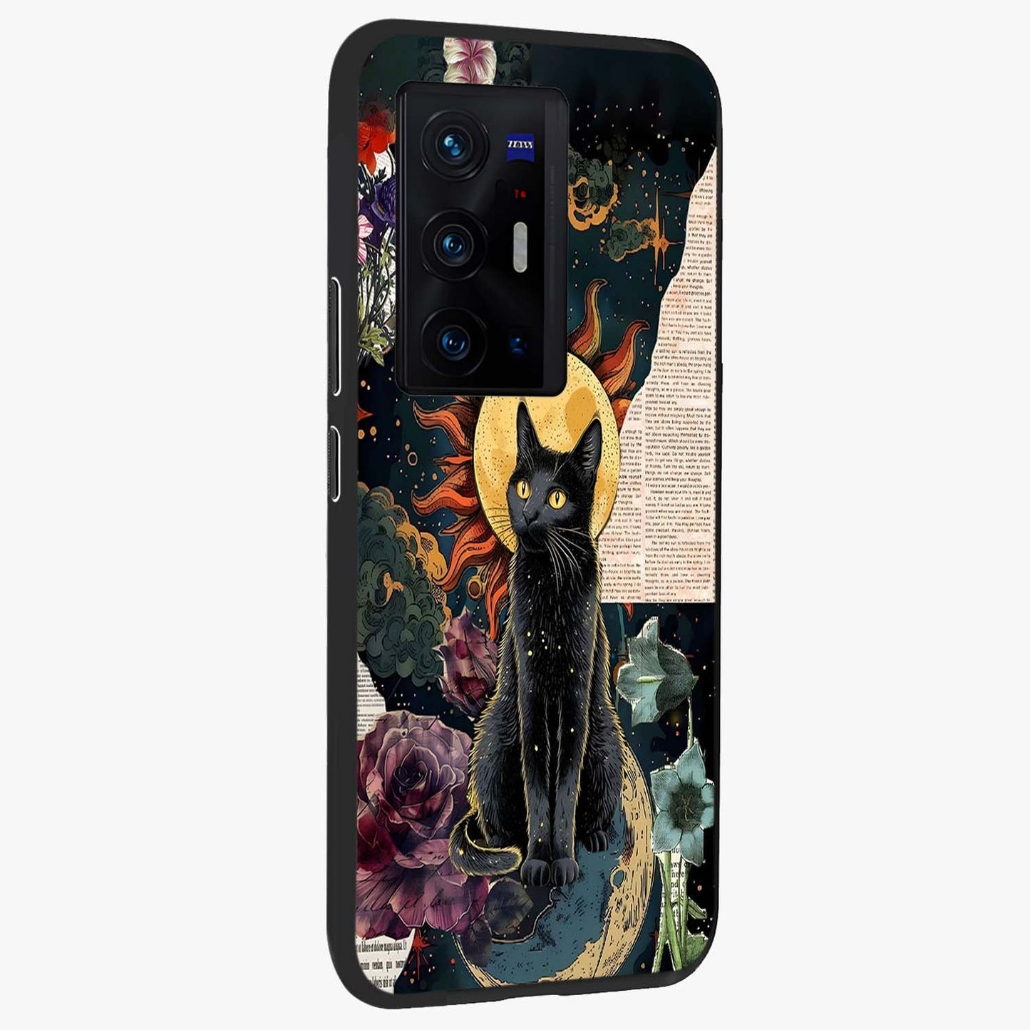 Celestial Black Cat Glass Case upright view showcasing magical black cat illustration with starry cosmic theme.