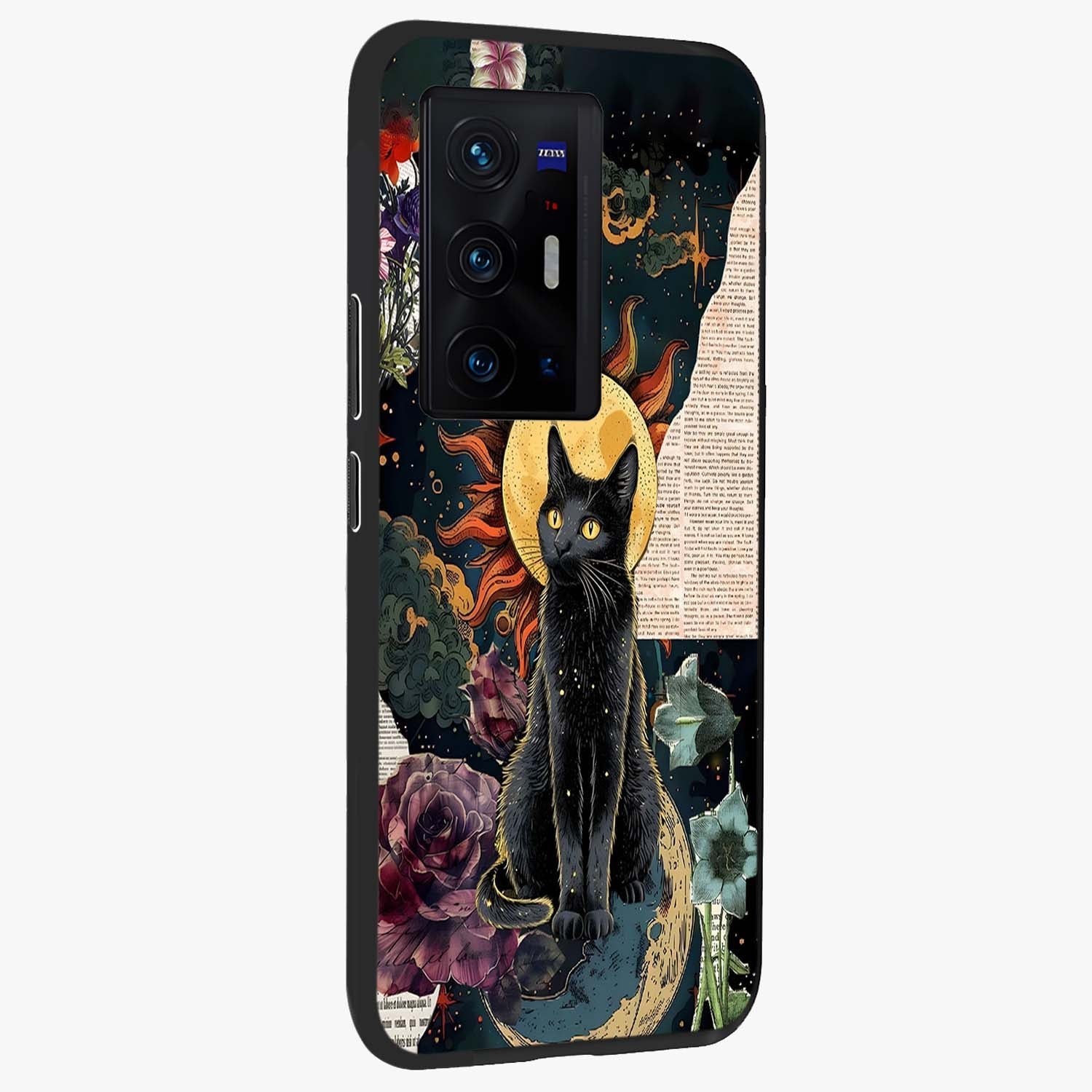 Celestial Black Cat Glass Case upright view showcasing magical black cat illustration with starry cosmic theme.