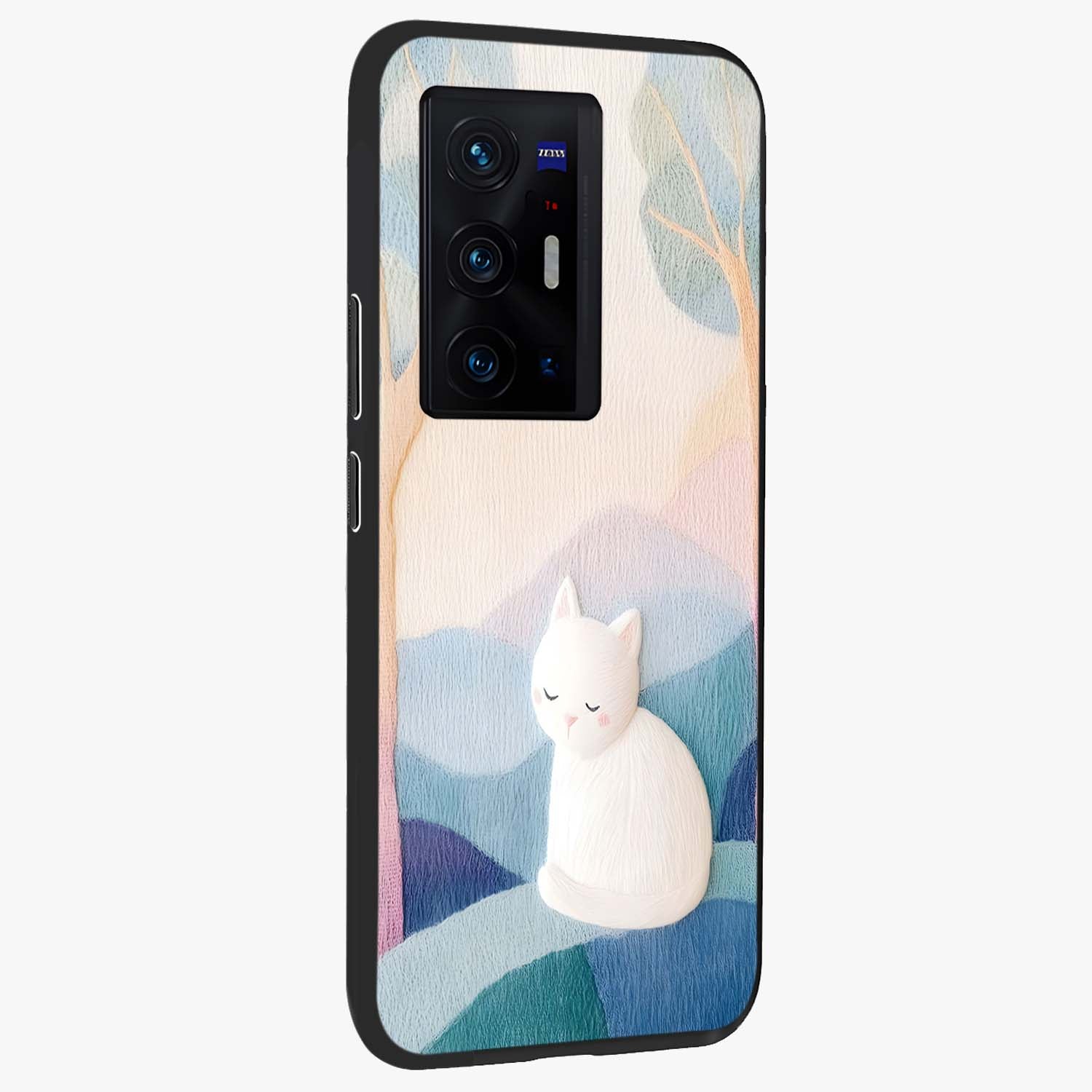 Cotton Dream Cat Glass Case upright view showcasing charming cat artwork with cozy dreamy theme.
