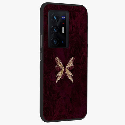 Crimson Fade Butterfly Glass Case upright view showcasing graceful butterfly artwork with soft crimson fade effect.