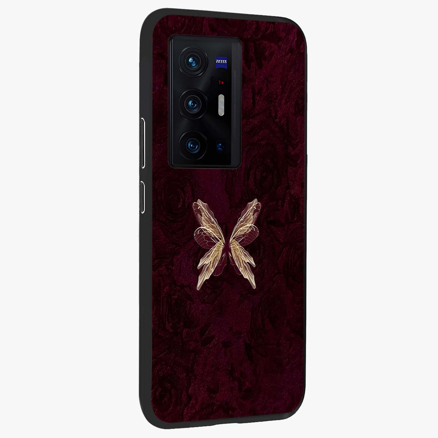 Crimson Fade Butterfly Glass Case upright view showcasing graceful butterfly artwork with soft crimson fade effect.