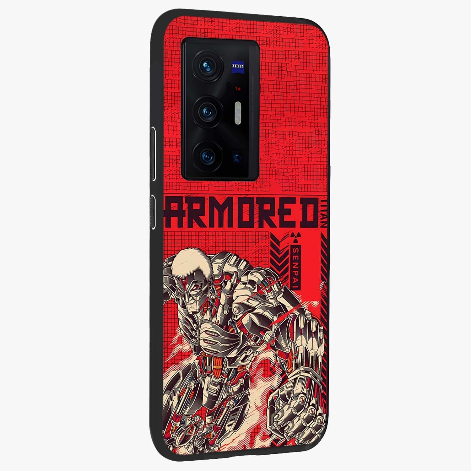 Crimson Mecha Titan Glass Case upright view showcasing dynamic robotic titan design with sci-fi inspired theme.