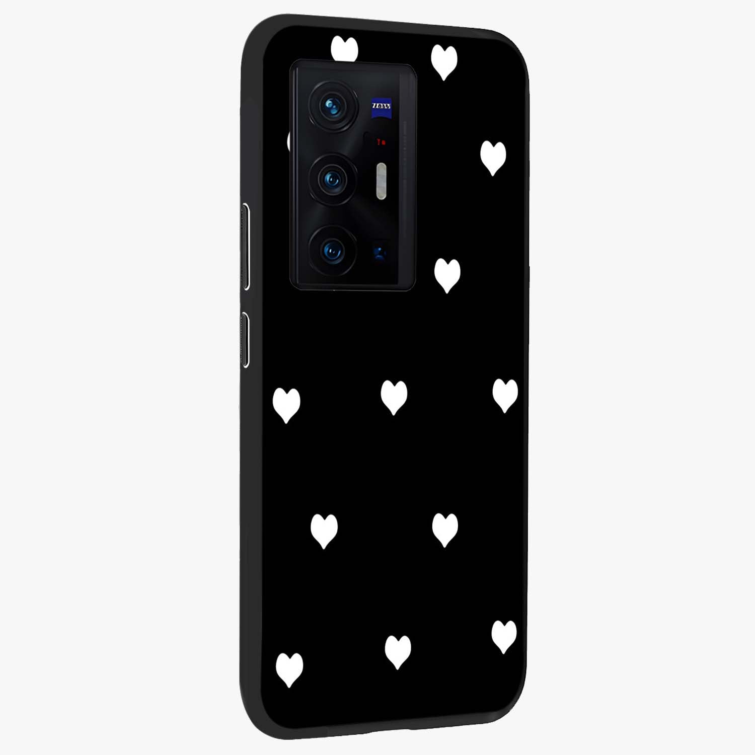 Cute And Simple White Hearts Glass Case upright view showcasing simple white hearts artwork with soft minimal theme.