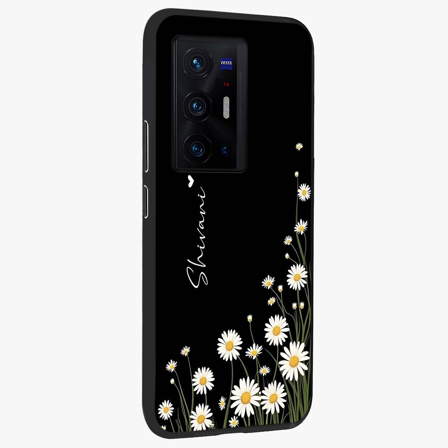 Daisy Cascade Custom Name Glass Case upright view showcasing elegant floral cascade design with personalized aesthetic.