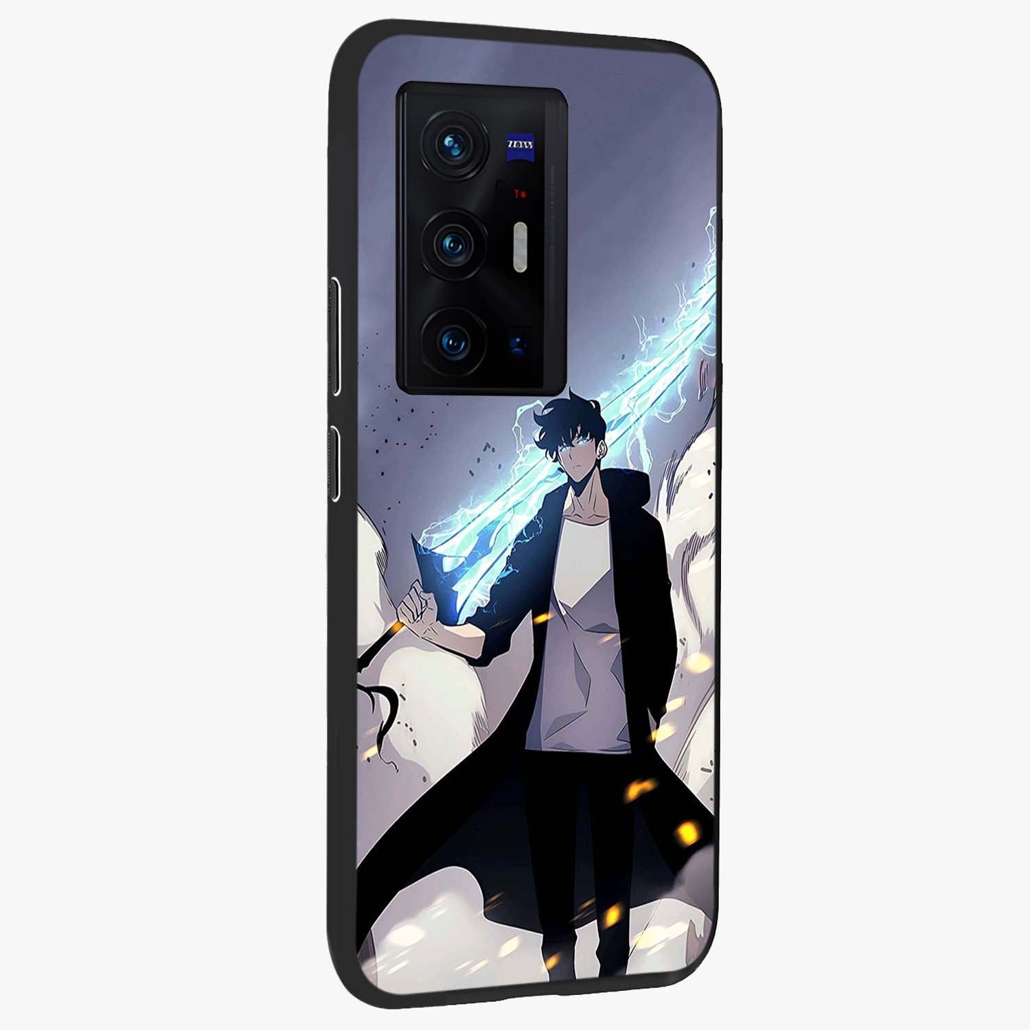 Dark Lightning Anime Warrior Glass Case upright view showcasing dramatic warrior artwork with dark lightning aesthetic.