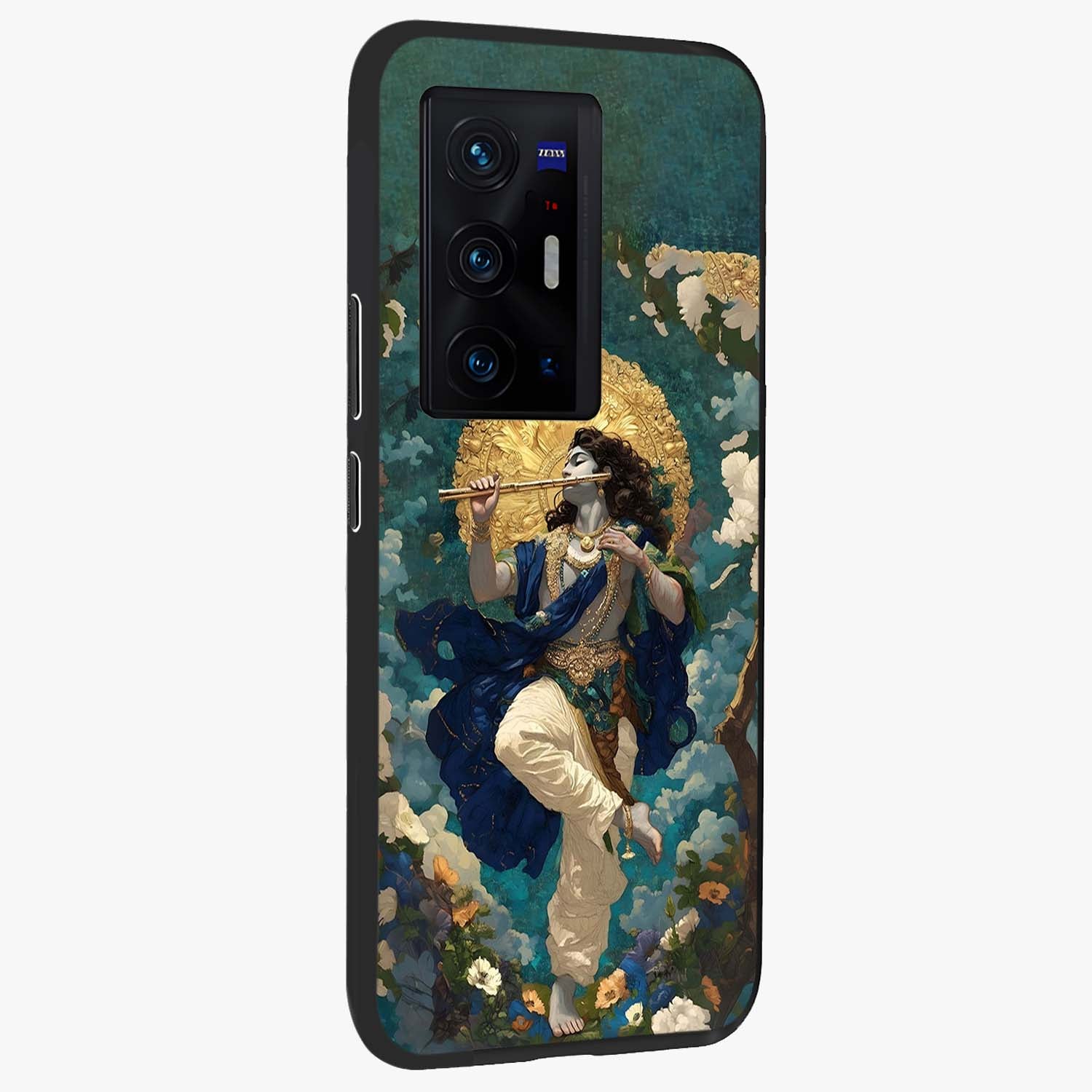 Divine Krishna Art Glass Case upright view showcasing divine Krishna artwork with sacred artistic theme.
