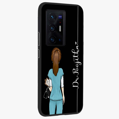 Doctor Pattern Custom Name Glass Case upright view showcasing healthcare themed design with personalized aesthetic.