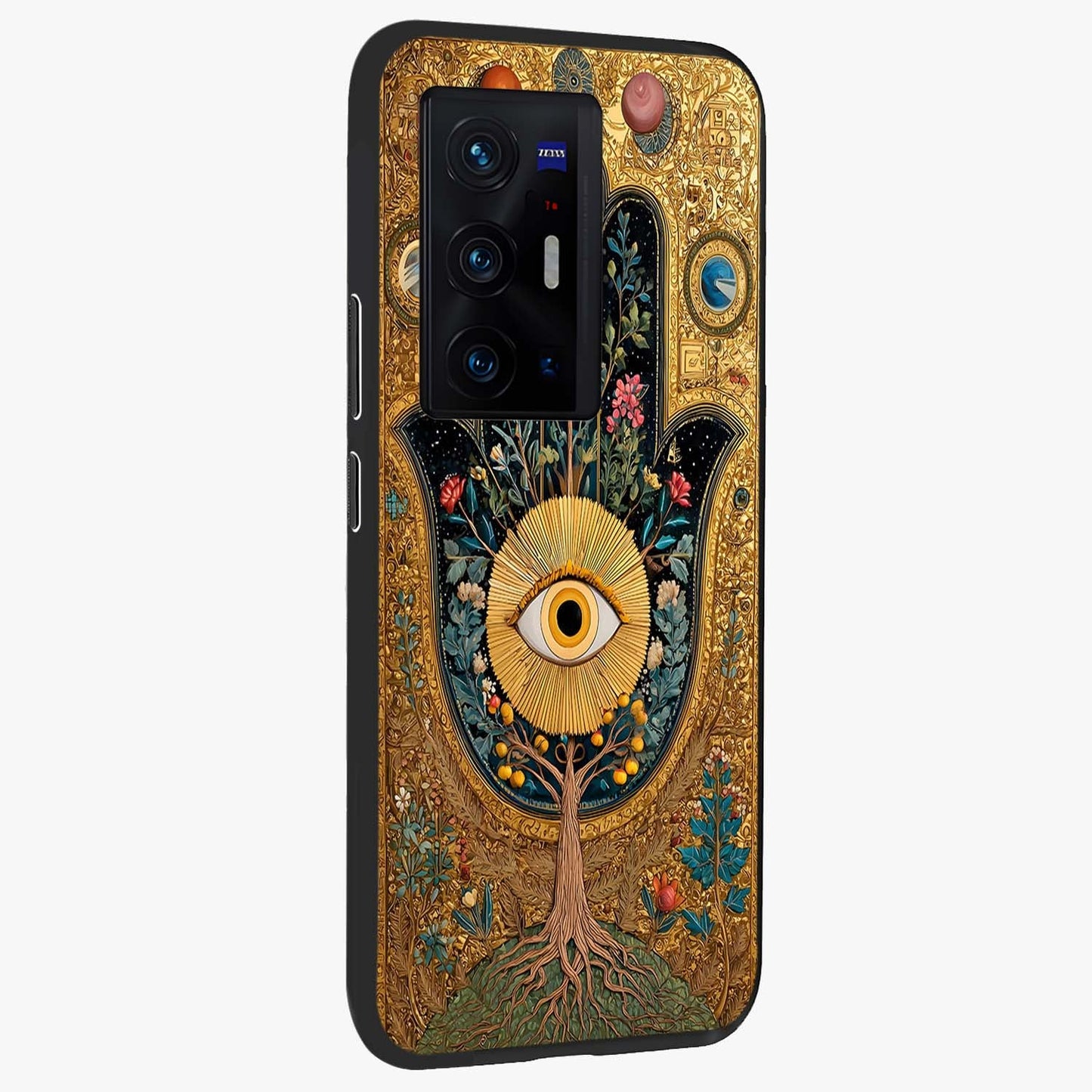 Ethereal Evil Eye Glass Case upright view showcasing celestial evil eye artwork with mystical theme.