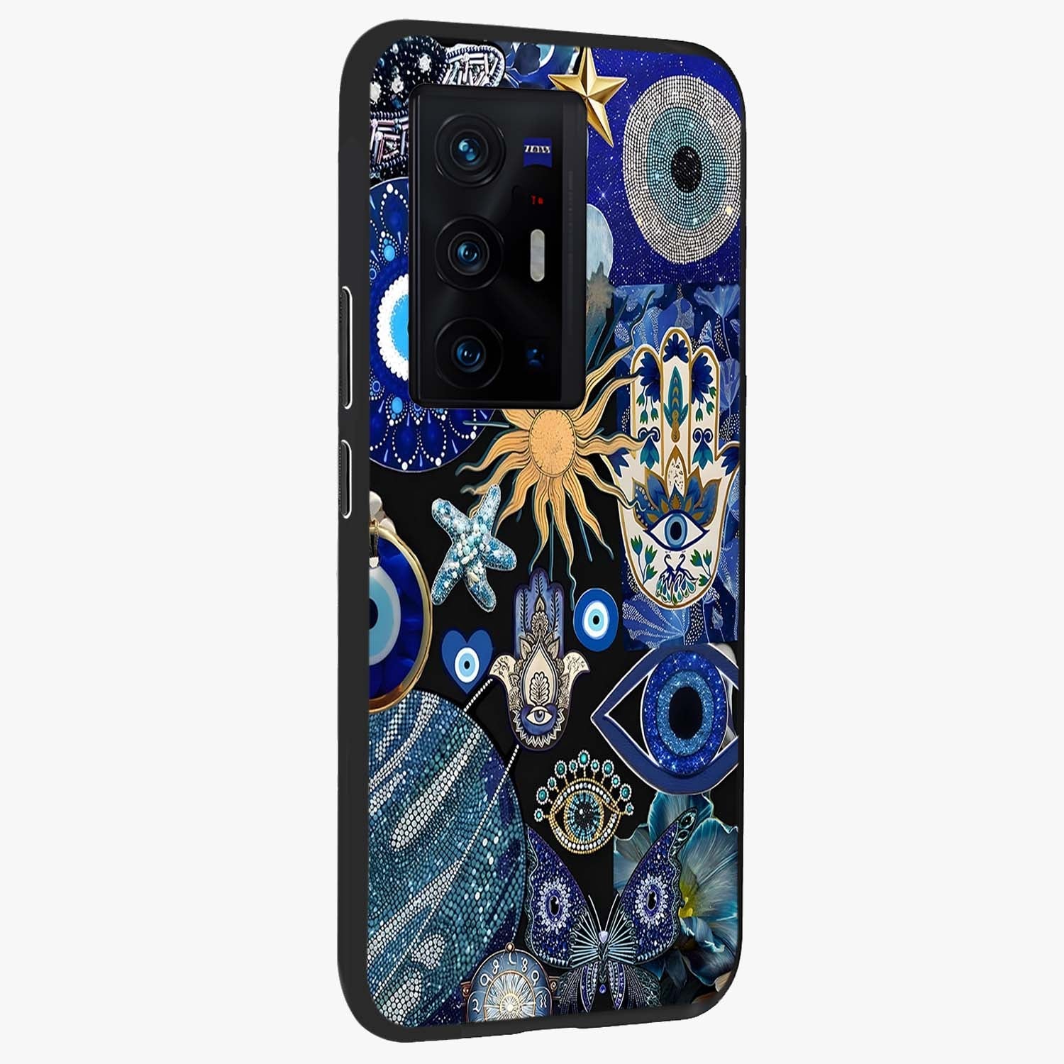 Evil Eye Charm Mix Glass Case upright view showcasing mystical evil eye pattern with vibrant decorative style.