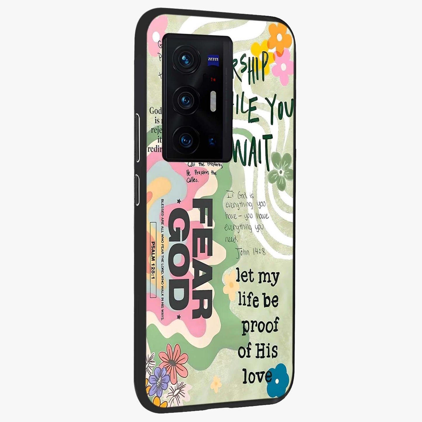 Faith Over Fear Glass Case upright view showcasing bold typography artwork with uplifting motivational theme.