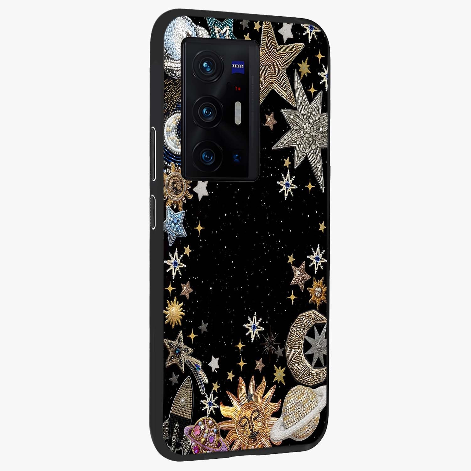 Galactic Jewel Stars Glass Case upright view showcasing glittering star jewel artwork with vibrant galaxy theme.