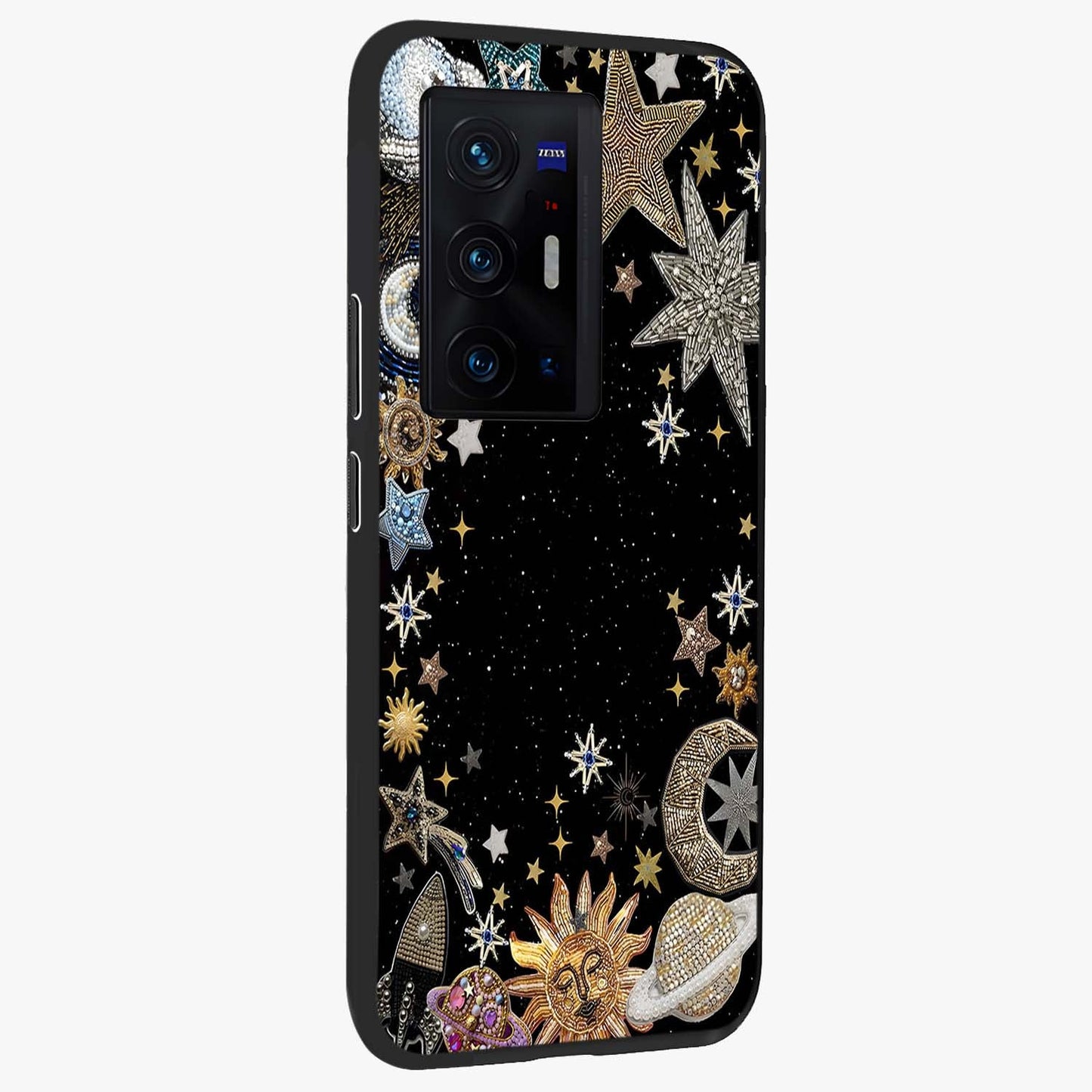 Galactic Jewel Stars Glass Case upright view showcasing glittering star jewel artwork with vibrant galaxy theme.