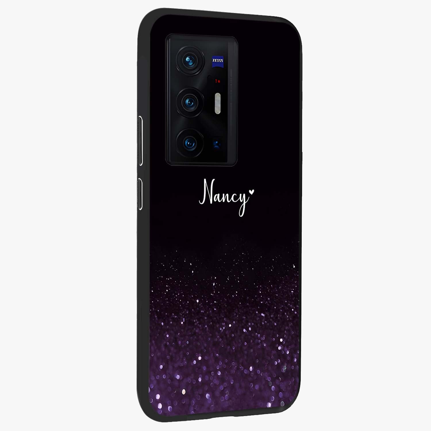 Glittery Purple Bokeh Custom Name Glass Case upright view showcasing vibrant purple sparkle artwork with personalized aesthetic style.