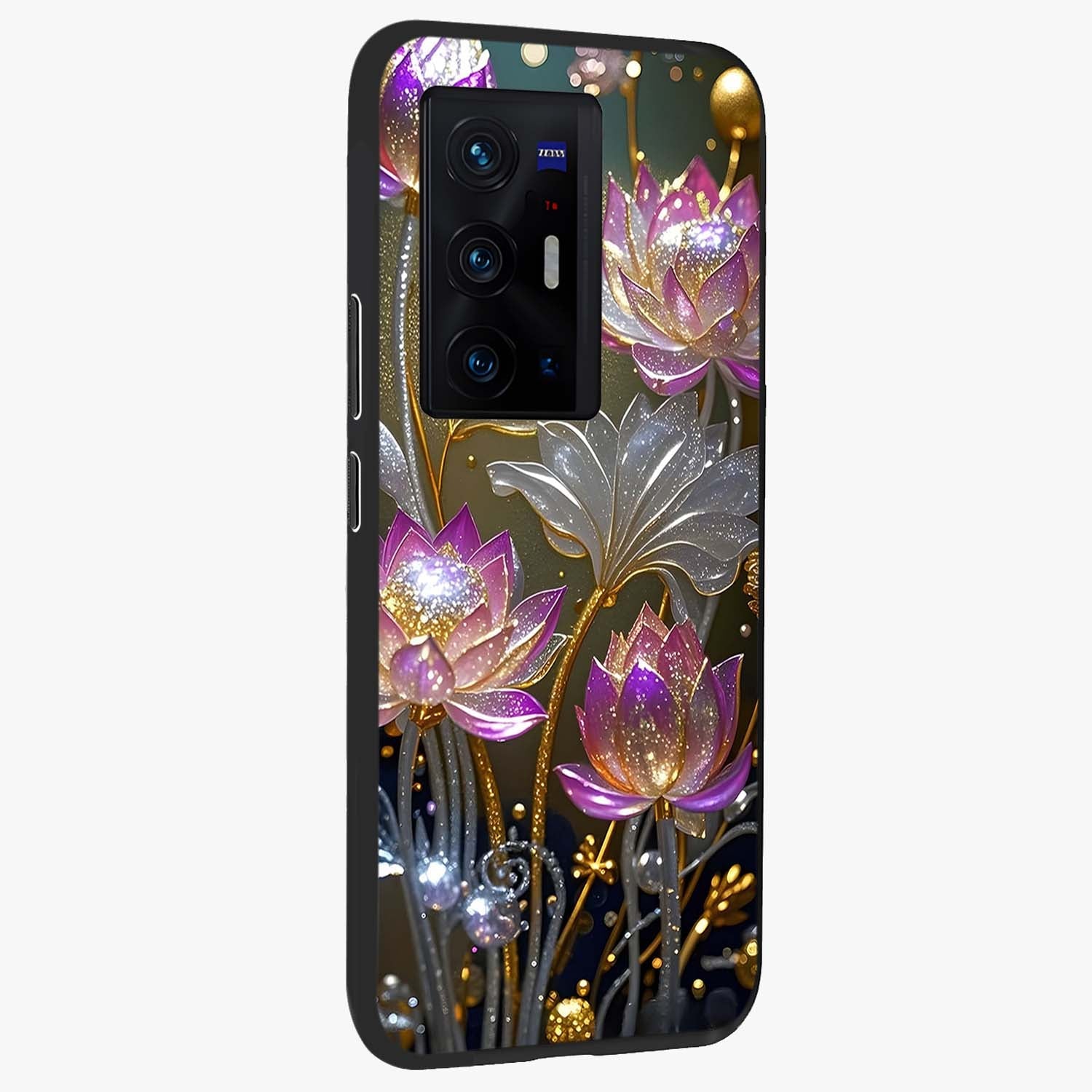 Golden Floral Majesty Glass Case upright view showcasing majestic floral artwork with rich decorative theme.