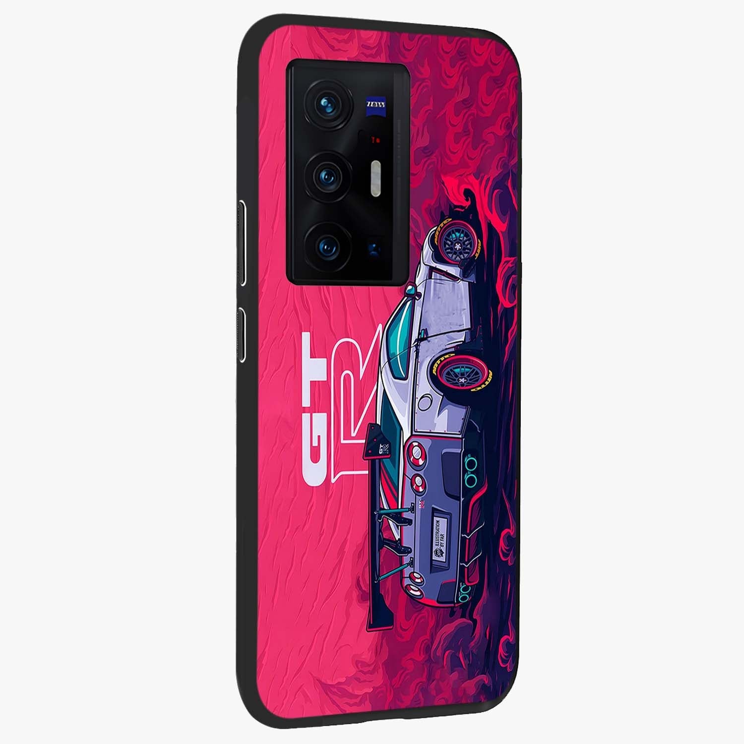 GT-R Car Pattern Glass Case upright view showcasing dynamic car pattern artwork with modern sports theme.