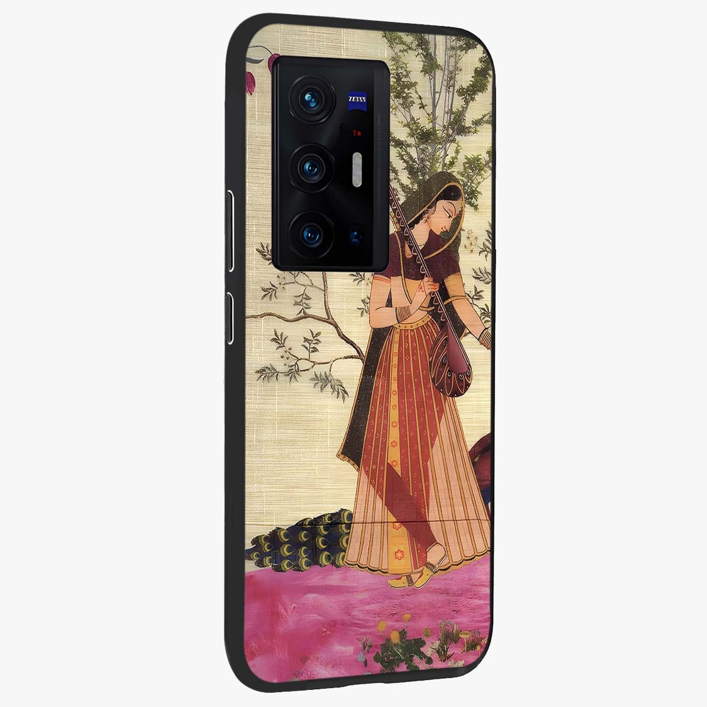 Lady With Veena Art Glass Case upright view showcasing classical veena artwork with traditional artistic theme.