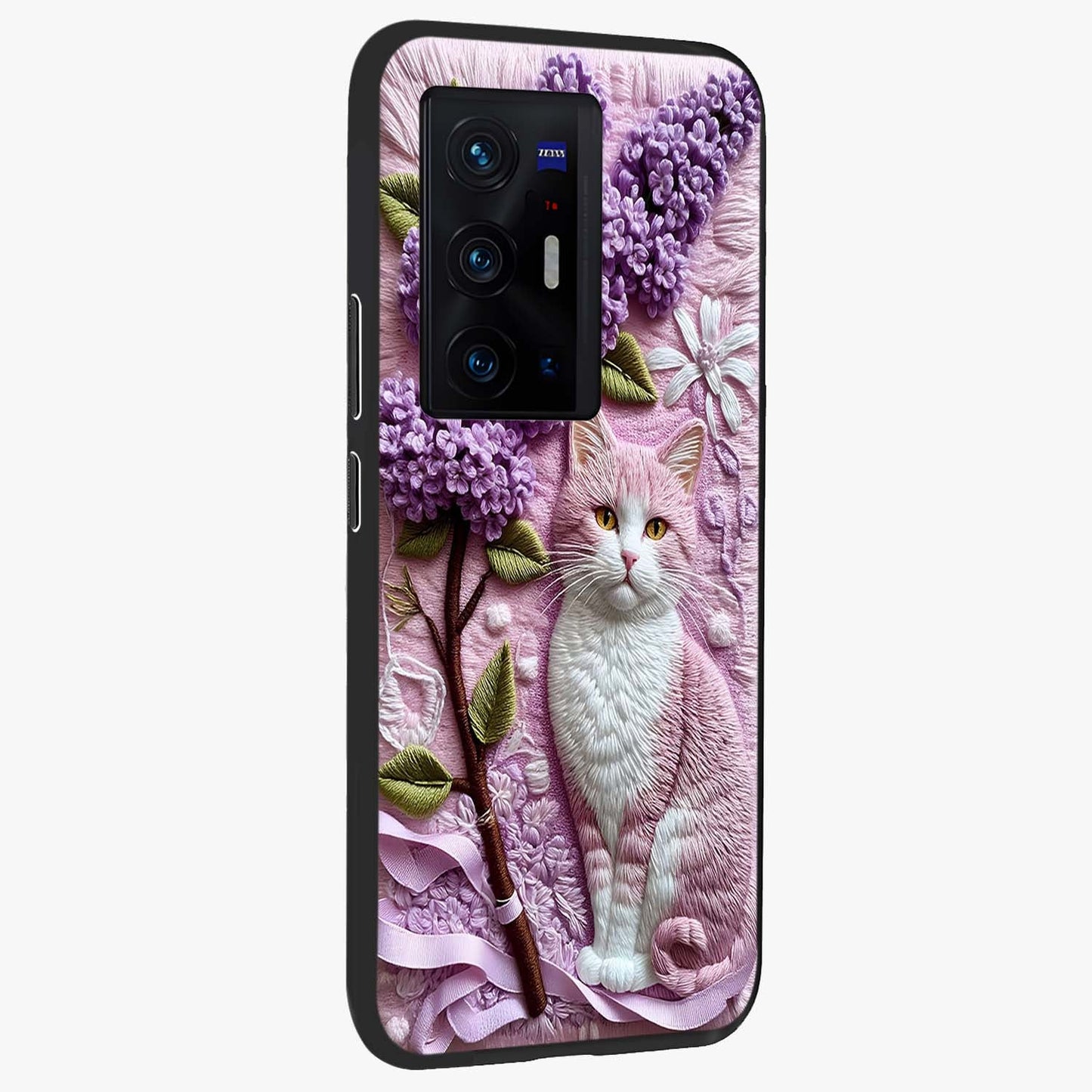 Lavender Cat Whimsy Glass Case upright view showcasing charming cat artwork with whimsical lavender theme.