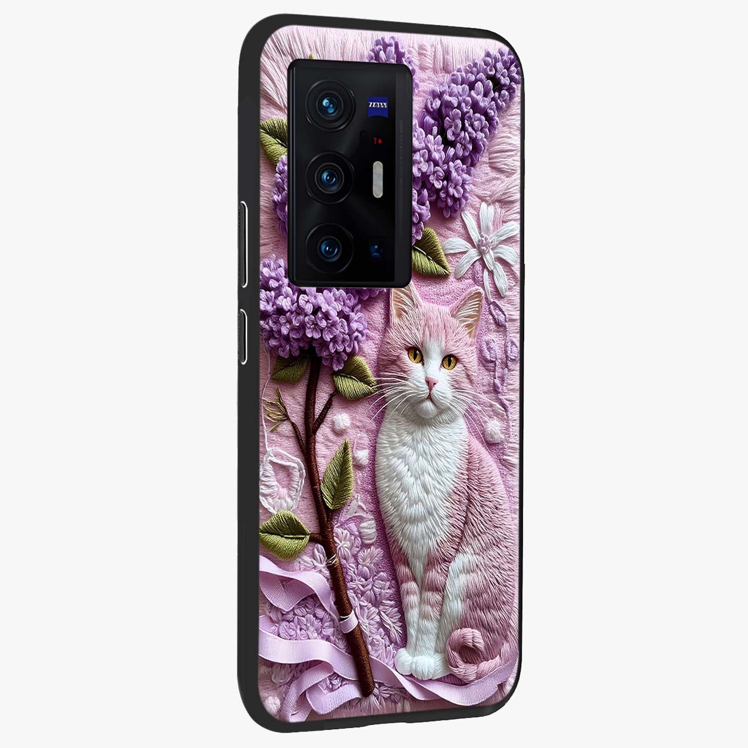 Lavender Cat Whimsy Glass Case upright view showcasing charming cat artwork with whimsical lavender theme.
