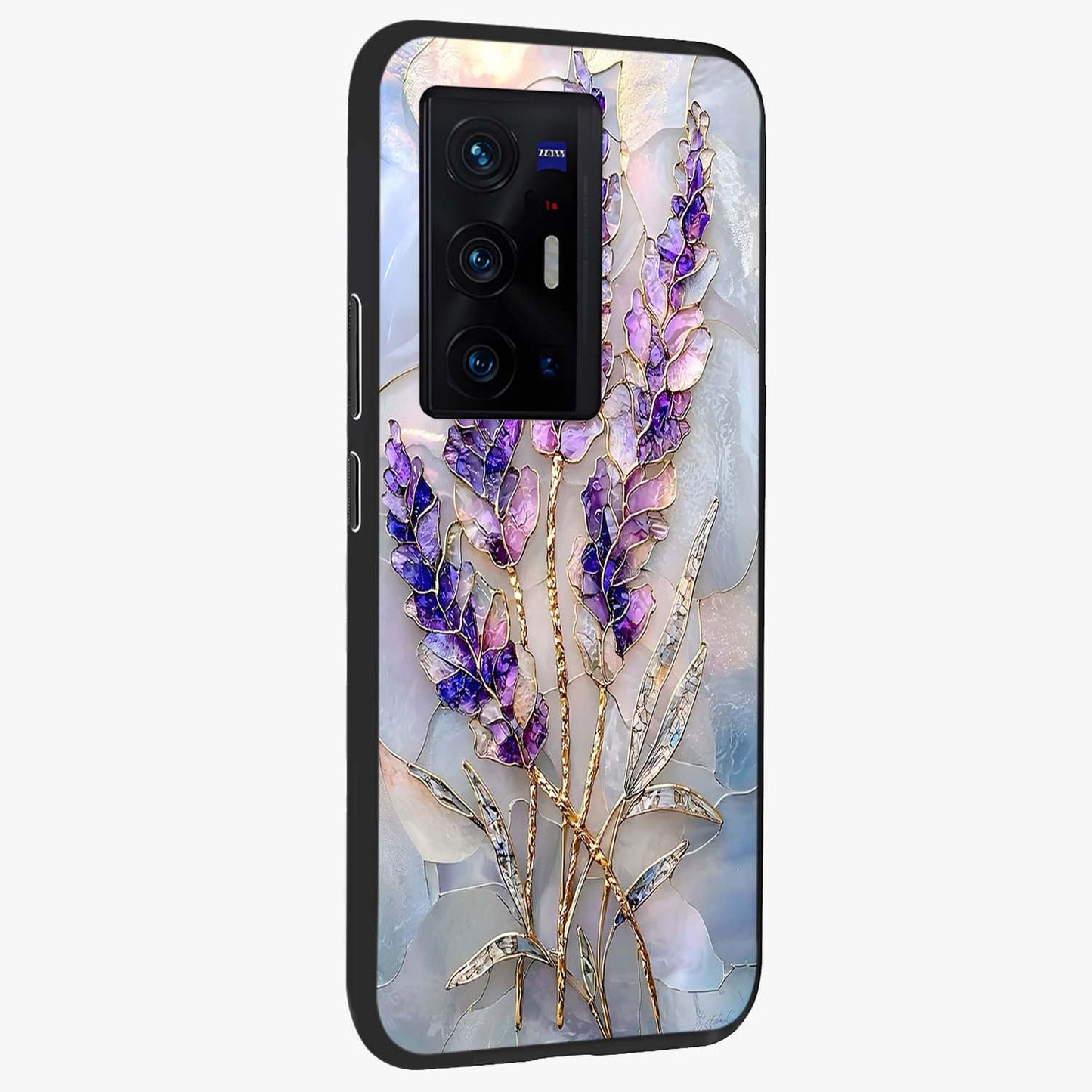 Lavender Dream Glow Glass Case upright view showcasing radiant lavender glow artwork with calming dreamy theme.