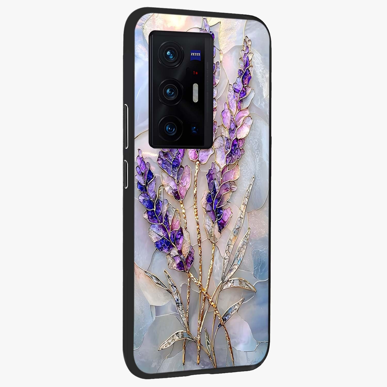 Lavender Dream Glow Glass Case upright view showcasing radiant lavender glow artwork with calming dreamy theme.