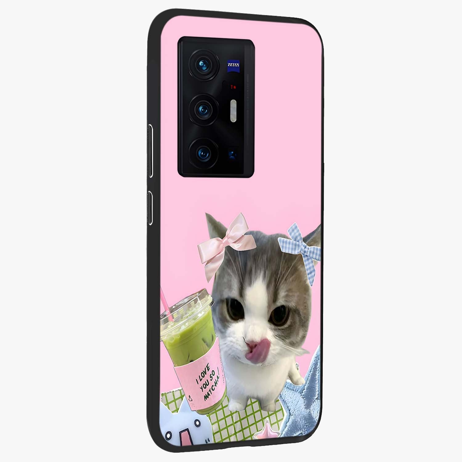 Love Matcha Cat Glass Case upright view showcasing adorable cat artwork with charming matcha themed design.