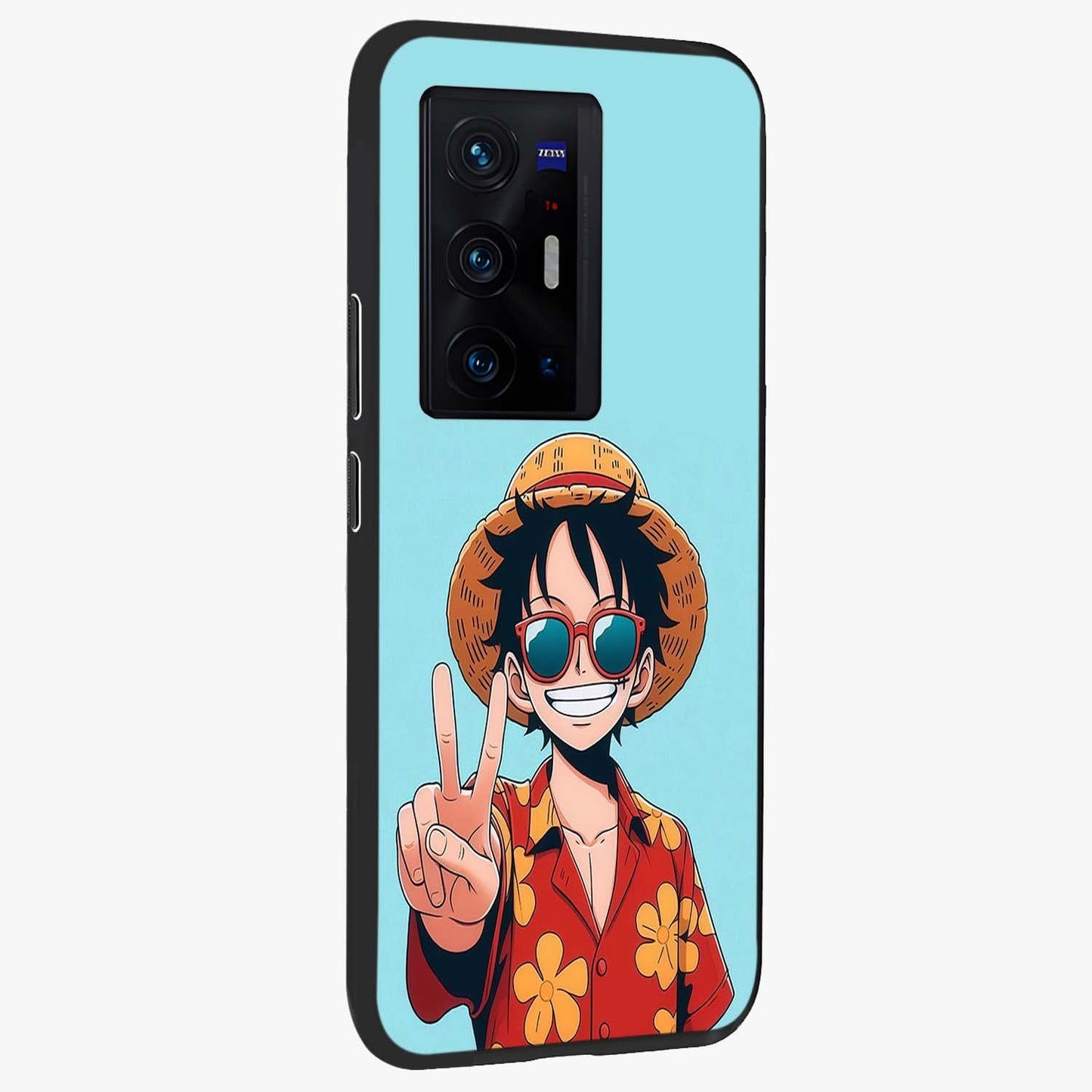 Luffy Summer Anime Vibe Glass Case upright view showcasing dynamic anime artwork with bright adventurous theme.