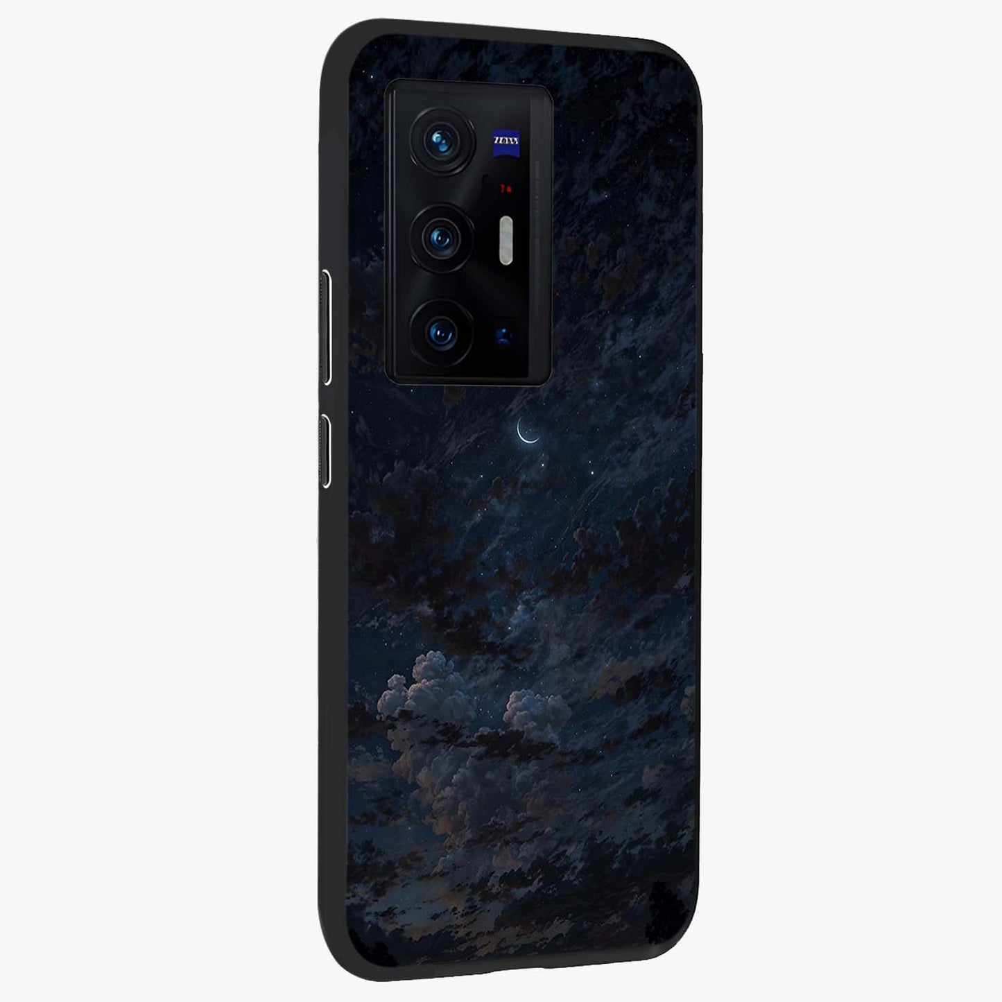 Lunar Veil Silence Glass Case upright view showcasing calm moon themed artwork with serene night atmosphere.