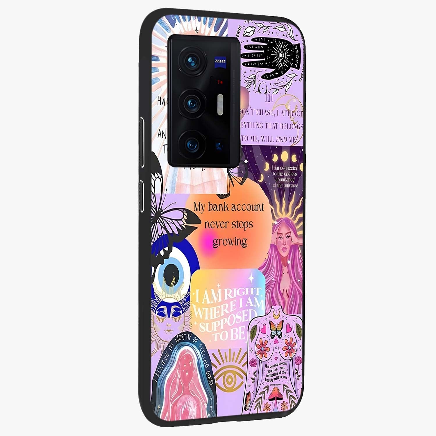 Manifestation Collage Glass Case upright view showcasing artistic manifestation themed artwork with creative style.