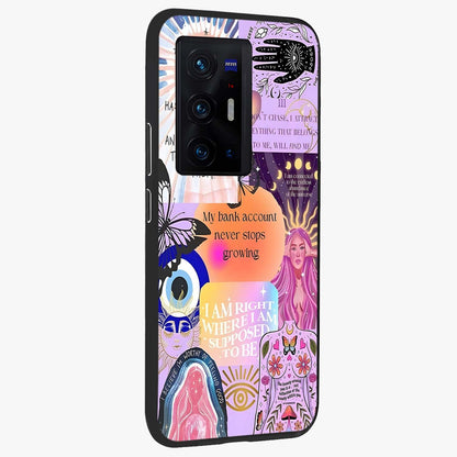 Manifestation Collage Glass Case upright view showcasing artistic manifestation themed artwork with creative style.