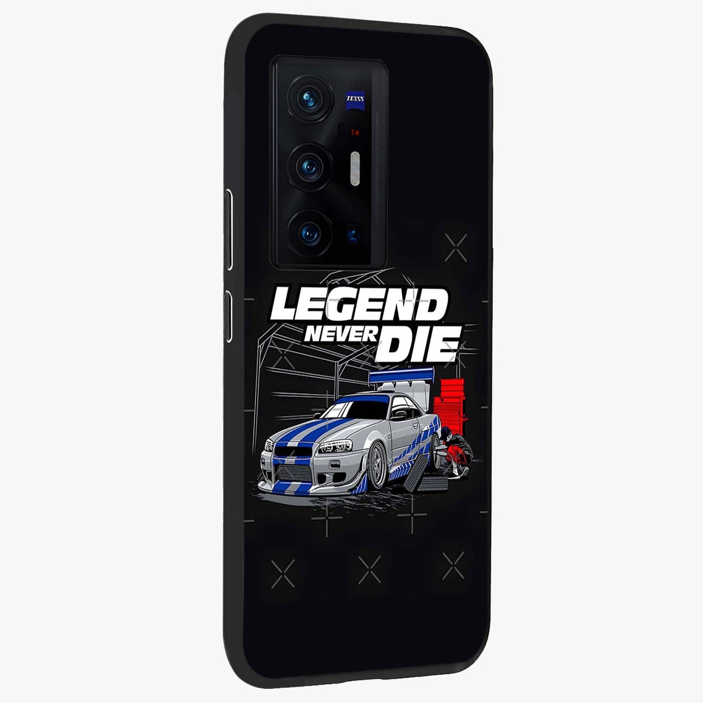 Midnight Racing Legacy Glass Case upright view showcasing powerful racing artwork with modern sports theme.