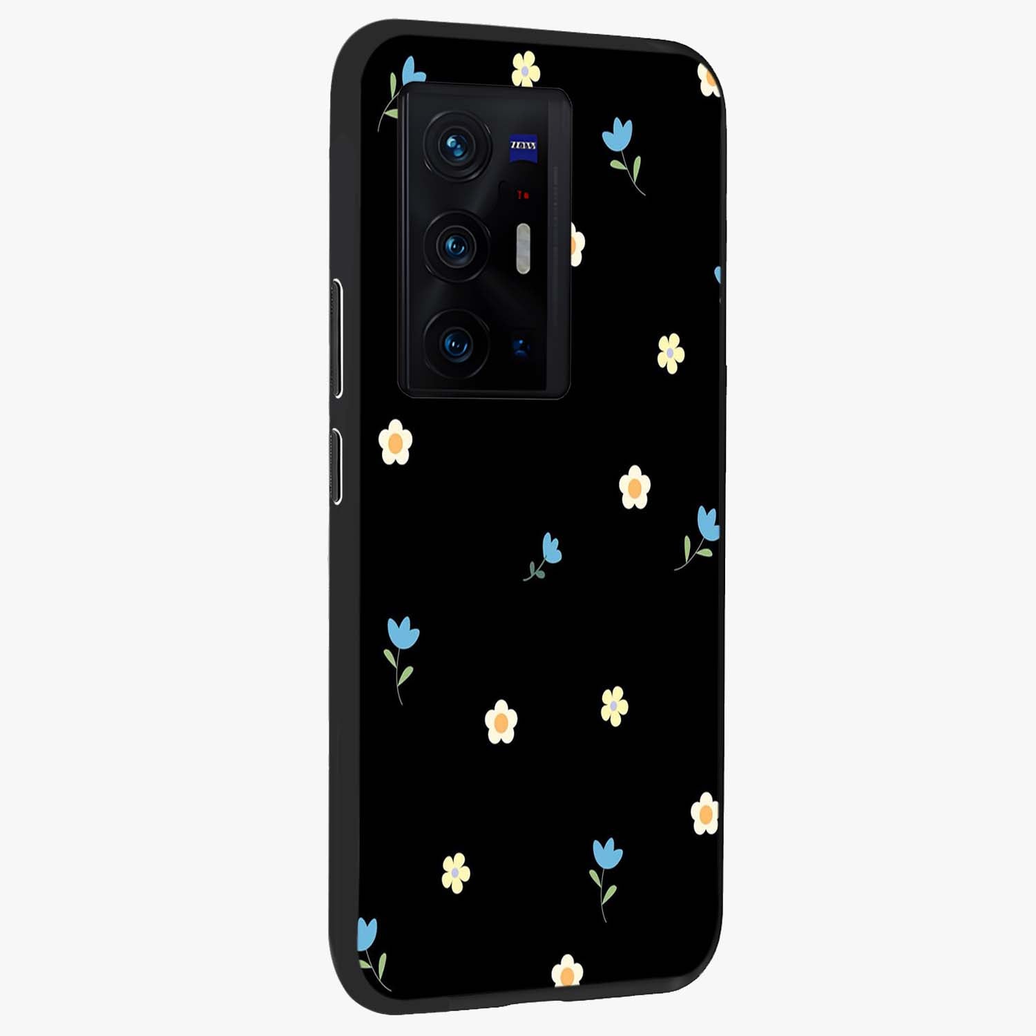 Minimal Petal Whispers Glass Case upright view showcasing elegant floral artwork with modern minimalist style.