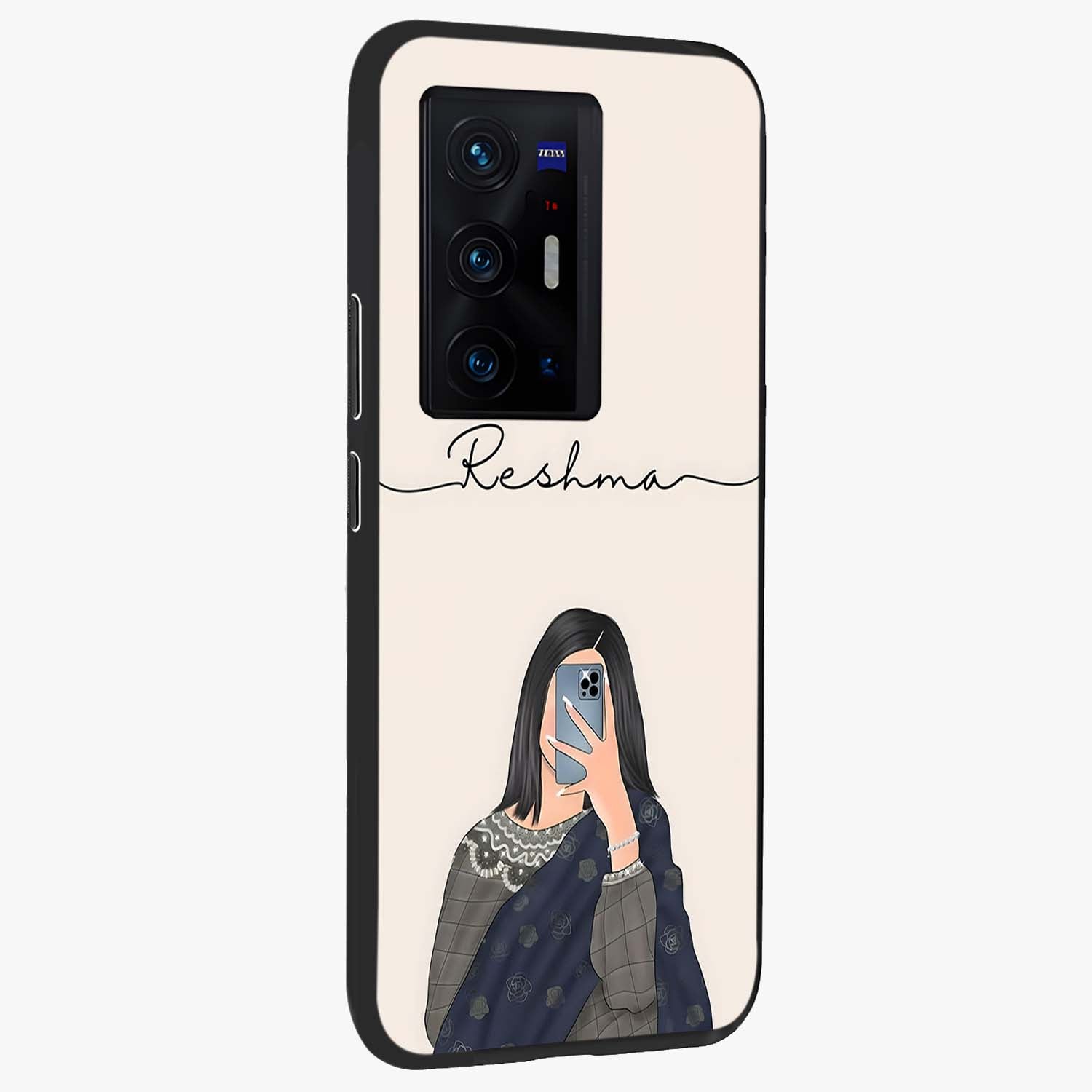 Mirror Mood Muse With Custom Name Glass Case upright view showcasing artistic mirror themed artwork with personalized aesthetic.