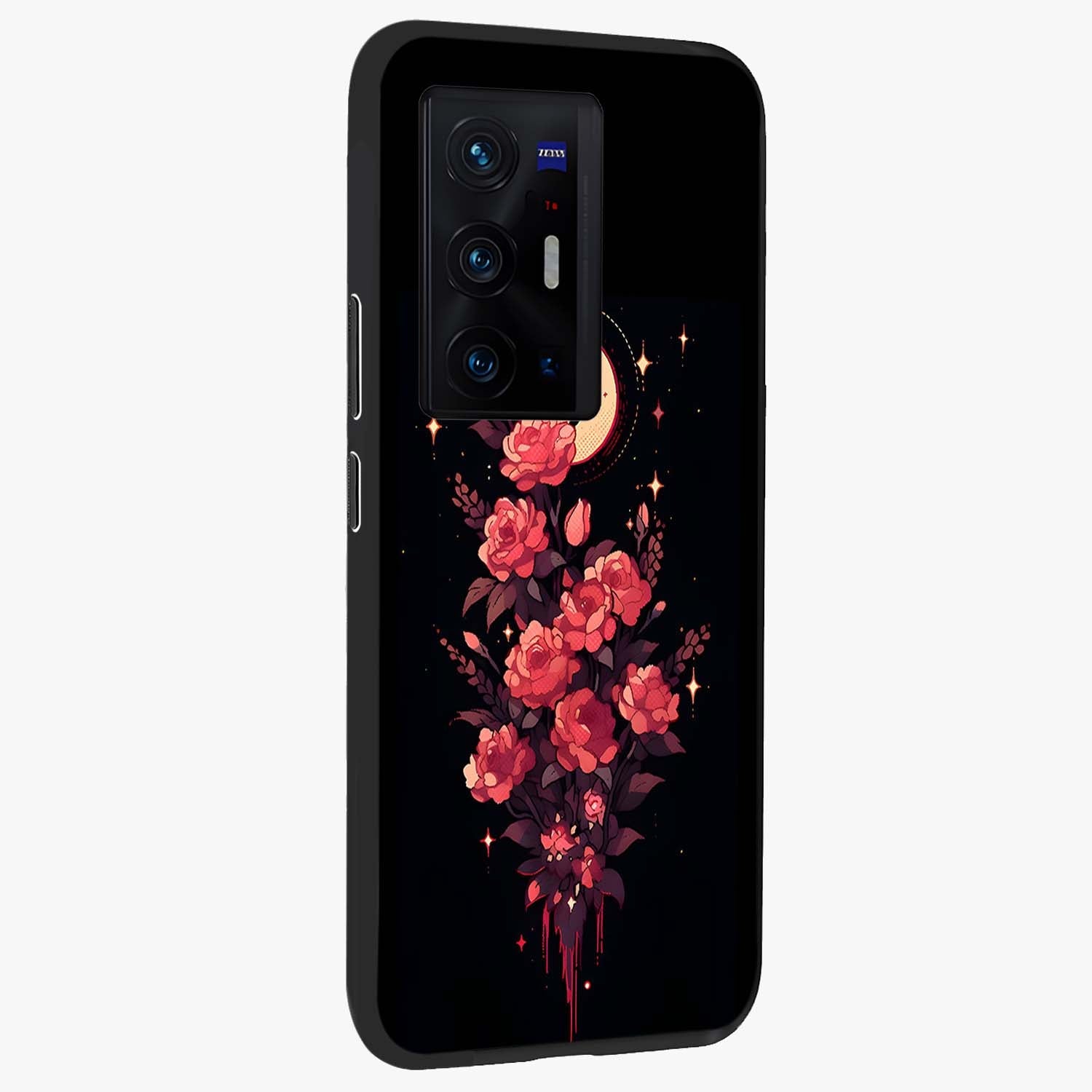Moonlit Floral Elegance Glass Case upright view showcasing delicate floral artwork with refined night inspired theme.
