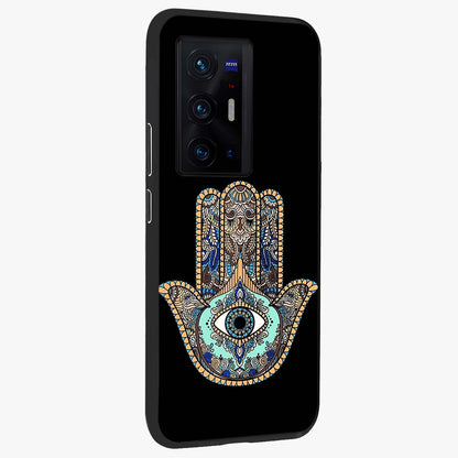 Mystic Hamsa Eye Glass Case upright view showcasing detailed hamsa eye artwork with protective spiritual theme.