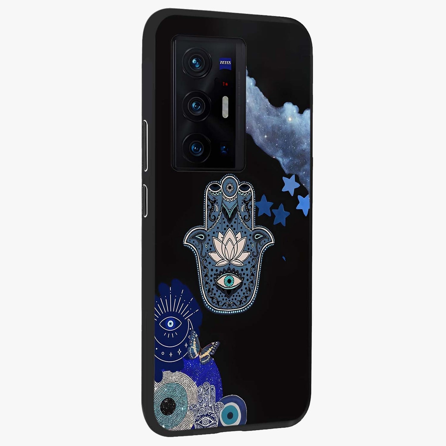 Mystic Hand Aura Glass Case upright view showcasing symbolic hand artwork with mystical energy theme.