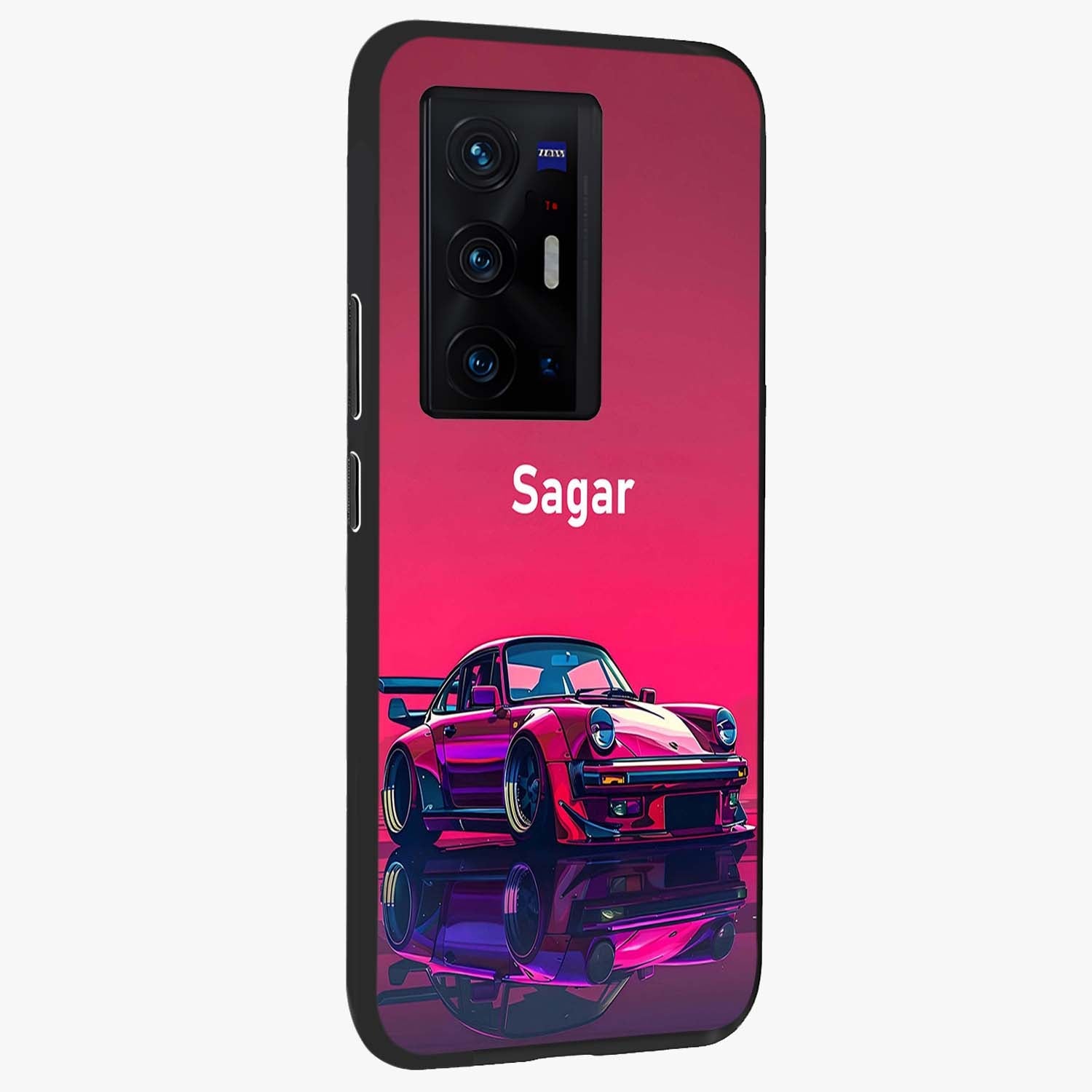 Neon Pink Porsche Glass Case upright view showcasing vibrant sports car artwork with bold automotive theme.