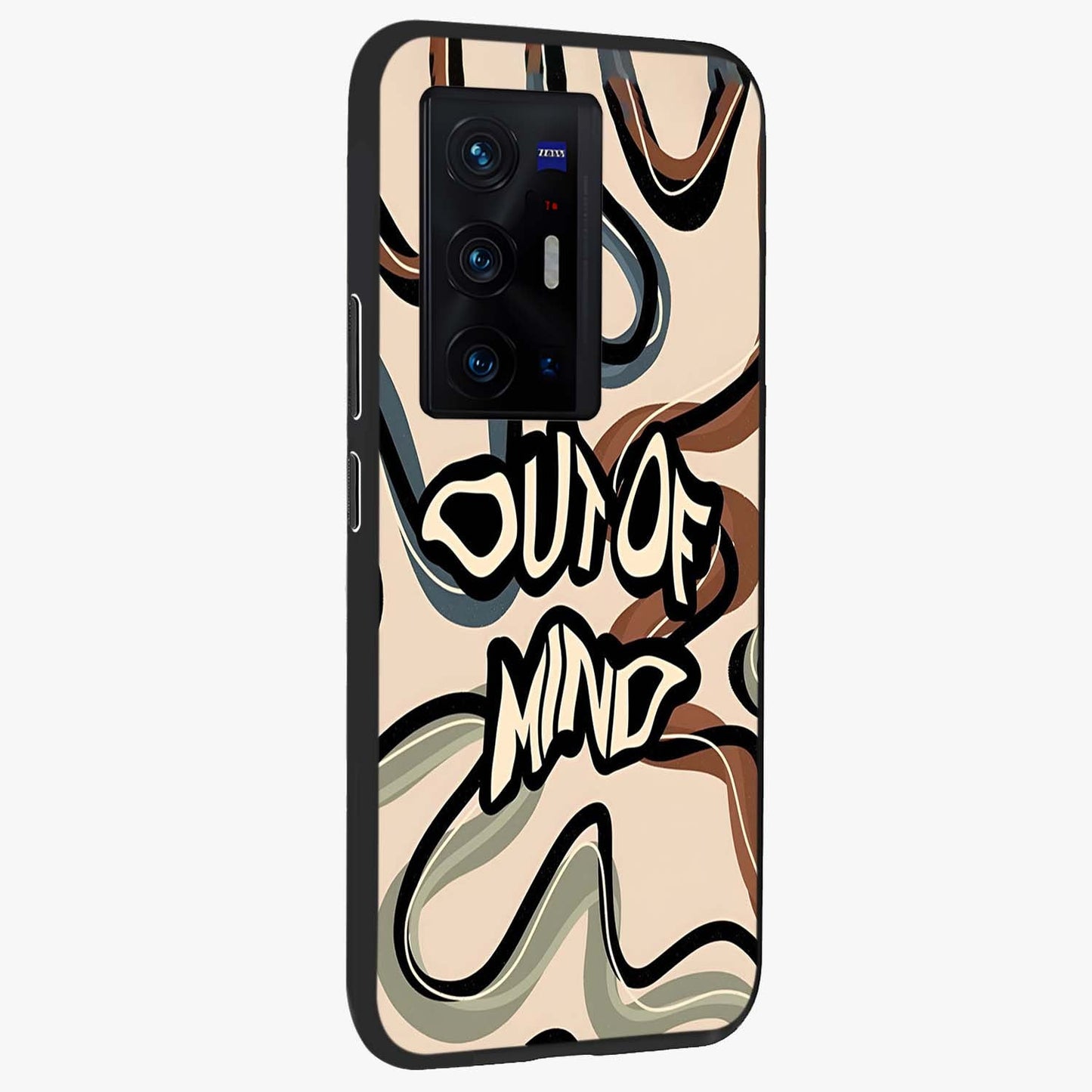 Out Of Mind Glass Case upright view showcasing striking typography artwork with edgy conceptual theme.
