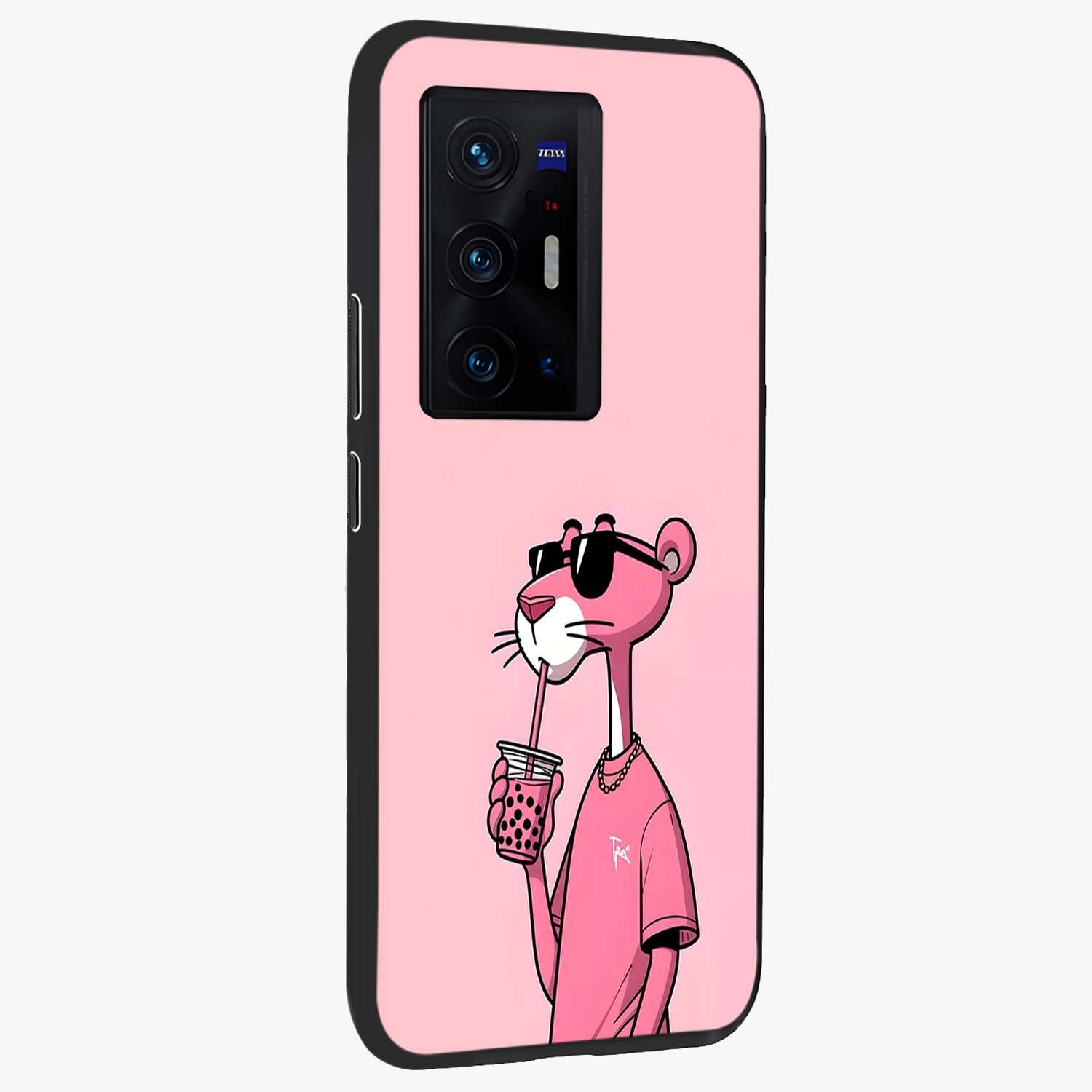 Pink Panther Glass Case upright view showcasing fun animated artwork with stylish retro cartoon theme.
