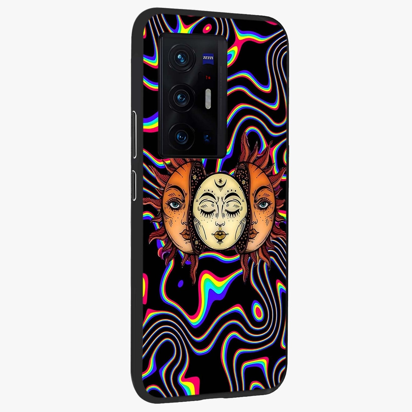 Psychedelic Sun Glass Case upright view showcasing trippy sun artwork with bold psychedelic theme.